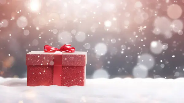 Red Gift Box Silver Ribbon Nestled Snow Bokeh Light Backdrop Stock Photo