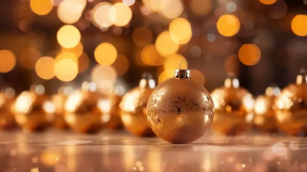 Řada Zlatých Vánočních Míčků Září Slavnostním Jásotem Vřele Osvětlené Vánoční Royalty Free Stock Obrázky