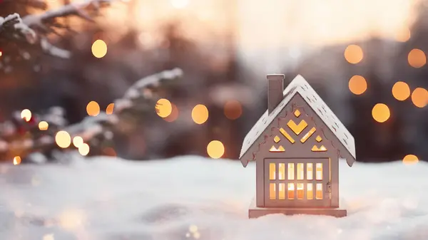 Cozy Wooden Lantern House Snowy Surface Warmly Lit Bokeh Light Stock Image