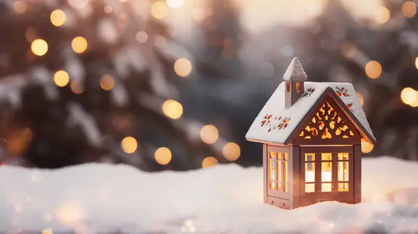 Cozy Wooden Lantern House Snowy Surface Warmly Lit Bokeh Light Royalty Free Stock Images