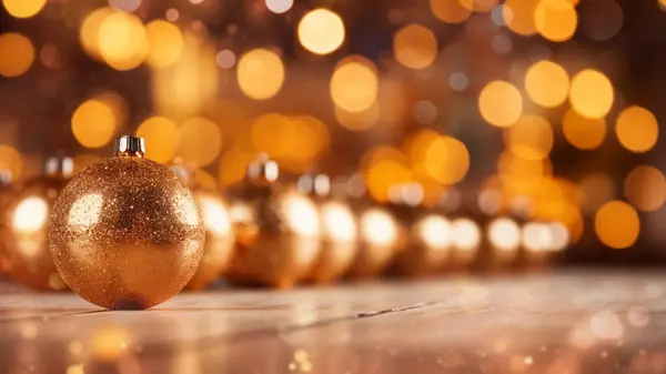 Egy Sor Arany Karácsonyi Labda Ragyog Ünnepi Vidámsággal Egy Melegen Stock Kép