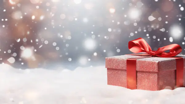 Красная Подарочная Коробка Серебряной Лентой Спрятанная Снегу Фоне Боке Лицензионные Стоковые Фото