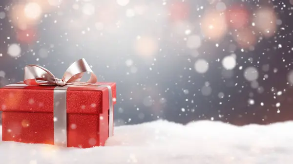 Funkelnde Rote Geschenkschachtel Mit Seidigem Band Schneebedeckter Umgebung Weiche Bokeh Stockbild