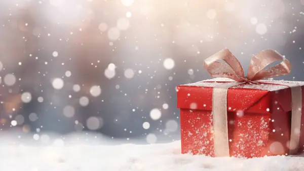 Funkelnde Rote Geschenkschachtel Mit Seidigem Band Schneebedeckter Umgebung Weiche Bokeh Stockbild
