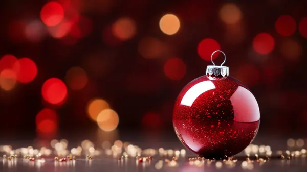 Primer Plano Una Bola Navidad Purpurina Roja Sobre Una Superficie Fotos De Stock Sin Royalties Gratis