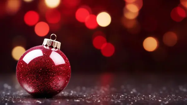 Close Red Glitter Christmas Bauble Reflective Surface Warm Bokeh Light Royalty Free Stock Photos