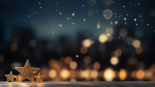 Two Sparkling Golden Stars Wooden Surface Magical Bokeh Light Effect Royalty Free Stock Images