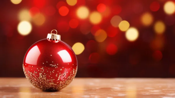 Red glittering Christmas ornament on a wooden table with a soft bokeh light background