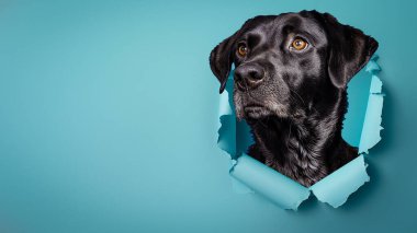 Meraklı siyah bir Labrador av köpeği yırtık mavi bir kağıdın içinden mükemmel bir mizahi ve göz alıcı bir atış yapar.