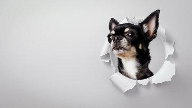 Meraklı bir Chihuahua 'nın kafası yırtık beyaz bir kağıdın içinden temiz gri bir arka plana doğru fırlıyor, sürpriz hissi uyandırıyor.