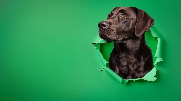 一只好奇的棕色拉布拉多犬从一个深绿色背景的锯齿状洞里看过去 暗示了它的渴望和渴望 — 图库照片