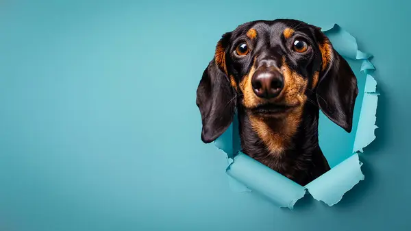 Inquisitive Dachshund Pops Torn Blue Paper Its Big Brown Eyes Stock Photo