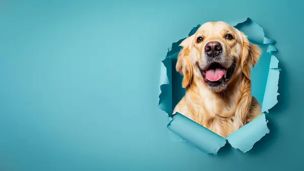 Happy Excited Golden Retriever Head Pops Torn Blue Paper Showcasing Royalty Free Stock Photos