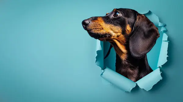 Dachshund Looks Anticipation Tear Blue Paper Creating Adorable Compelling Shot Royalty Free Stock Photos