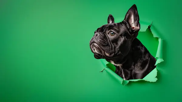 Meraklı Fransız Bulldog Yırtık Bir Kağıda Bakarak Merak Neşe Yayıyor Stok Resim