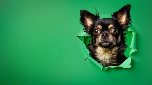 Curioso Rostro Chihuahua Aparece Través Desgarrado Papel Verde Mostrando Sus Fotos de stock libres de derechos