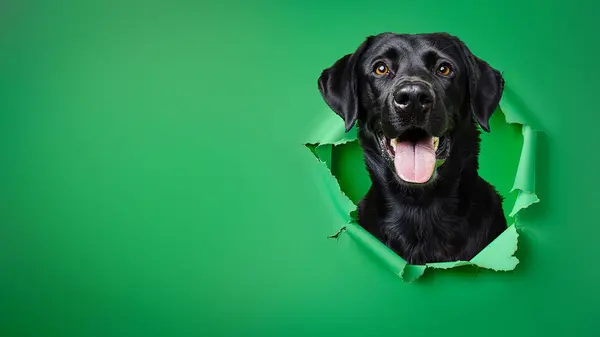 Perro Labrador Negro Alegre Asomando Cabeza Través Fondo Papel Verde Imagen De Stock