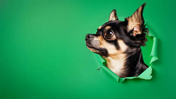 Küçük Bir Chihuahua Köpeğinin Portresi Kafasını Yeşil Bir Kağıttaki Deliğe - Stok İmaj
