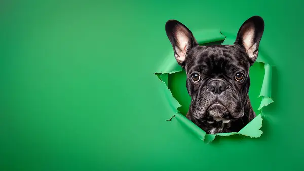 Een Nieuwsgierig Frans Bulldog Hoofd Knallen Door Een Groenboek Traan Stockfoto