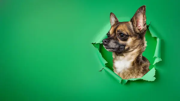 Chihuahua Pequeño Pero Serio Mira Través Agujero Fondo Verde Pensativamente Imagen de stock