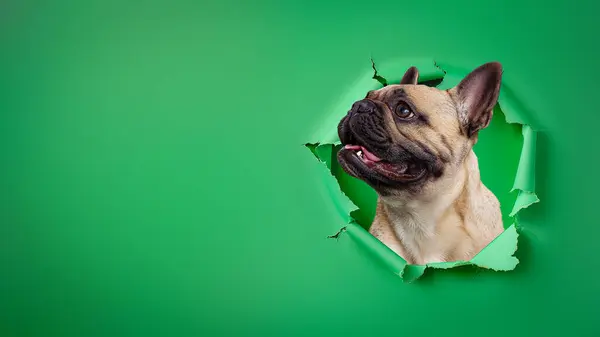 Een Levendige Pug Hond Gluurt Door Een Gat Helder Groen Stockfoto
