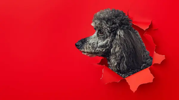 Elegant Gray Poodle Side Profile Emerges Torn Red Paper Background Royalty Free Stock Photos