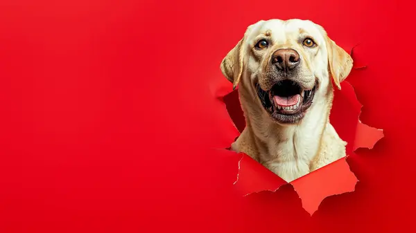 Een Vriendelijke Labrador Retriever Gluren Door Een Gescheurde Rode Achtergrond Stockfoto