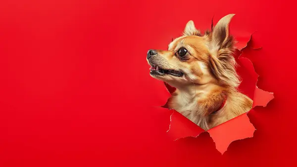 Kırmızı Arka Plandaki Bir Delikten Kafasını Çıkaran Küçük Köpek Hevesli Telifsiz Stok Imajlar