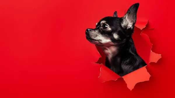 Ciddi Bir Chihuahua Köpeği Canlı Kırmızı Bir Kağıttaki Delikten Dikkatlice Stok Fotoğraf