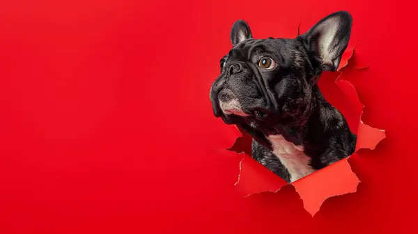Bulldog Francês Curioso Espreitando Seu Rosto Através Fundo Papel Vermelho Fotografia De Stock