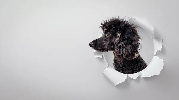 Visão Perfil Cão Poodle Preto Olhando Através Círculo Papel Rasgado Imagem De Stock
