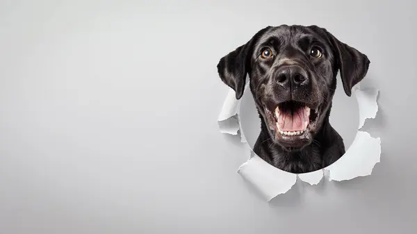 Excited Black Labrador Retriever Peers Paper Tear Gray Background Evoking Royalty Free Stock Images