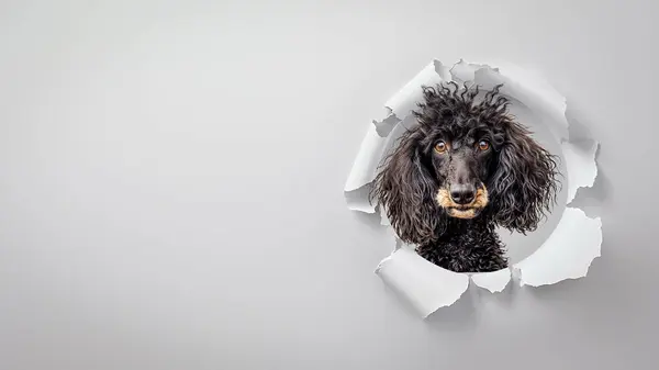 Uma Imagem Impressionante Mostrando Cabeça Poodle Preto Olhando Através Uma Imagens Royalty-Free
