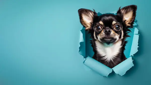 Chihuahua Dużymi Uszami Patrzy Przez Porwany Papier Emanując Ciekawością Odrobiną Obraz Stockowy