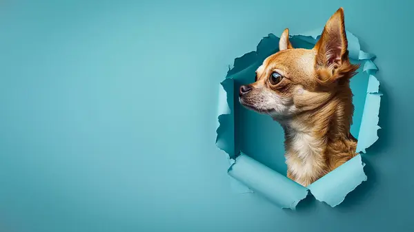 Sebuah Tanda Chihuahua Rekan Melalui Lubang Melingkar Latar Belakang Teal Stok Foto Bebas Royalti