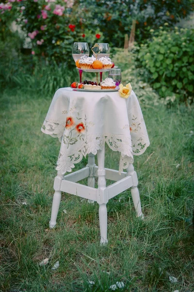 정원에서 간식과 식탁보가있는 테이블 — 스톡 사진