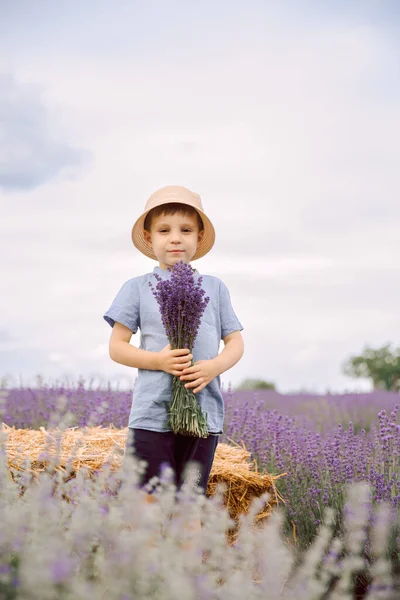 Kleiner Junge Einem Lavendelfeld Mit Einem Lavendelstrauß Positiv — Stockfoto