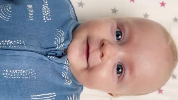 Cute Newborn Baby Boy Funny Laughing Lying Child Crib Portrait — Stock Video