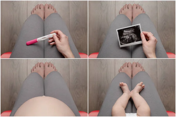 Fotocollage Einer Schwangeren Frau Mit Positivem Schwangerschaftstest Dickem Bauch Ultraschall — Stockfoto