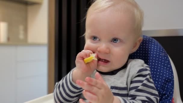 Piękny Chłopiec Niebieskimi Oczami Siedzący Foteliku Jedzący Świeżą Cytrynę Grymaszącą — Wideo stockowe