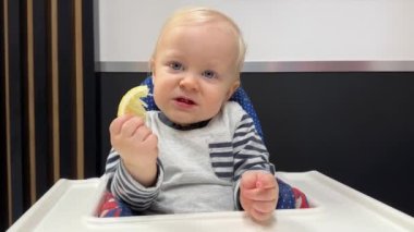 Mavi gözlü güzel erkek bebek çocuk çocuk koltuğunda oturuyor, taze ekşi limon yiyor ve yüzünü buruşturuyor. Yakın plan portre, yüz ifadesi.