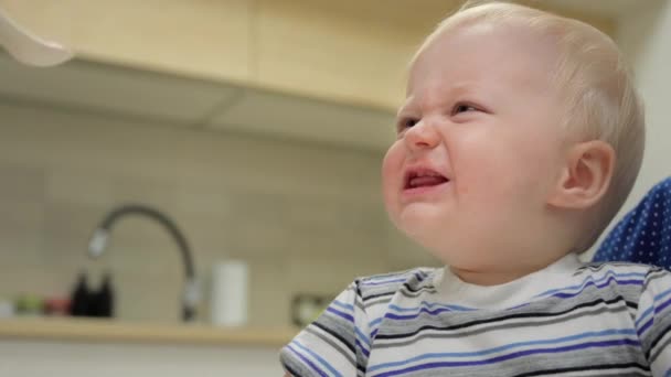 母亲用勺子喂儿子吃婴儿食品 可爱的哭哭啼啼的小男孩拒绝吃早餐 感情和家庭观念 — 图库视频影像
