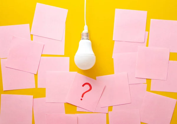 Process Problem Solving Question Mark Light Bulb Yellow Background — Stock Photo, Image