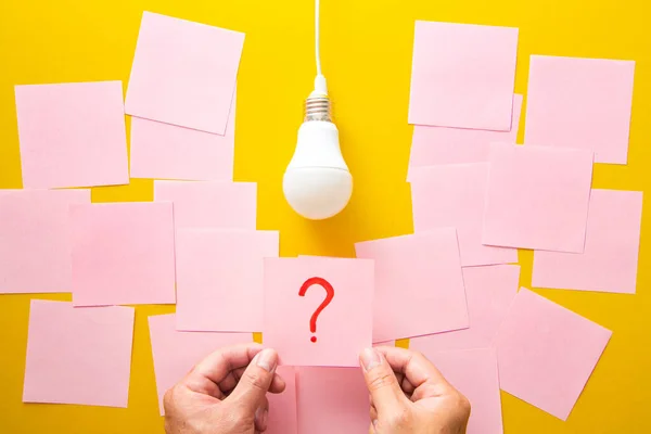 Process Problem Solving Question Mark Light Bulb Yellow Background — Stock Photo, Image