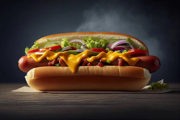 有香肠 西红柿 芥末和沙拉的大热狗 背景是黑色的 免版税图库照片