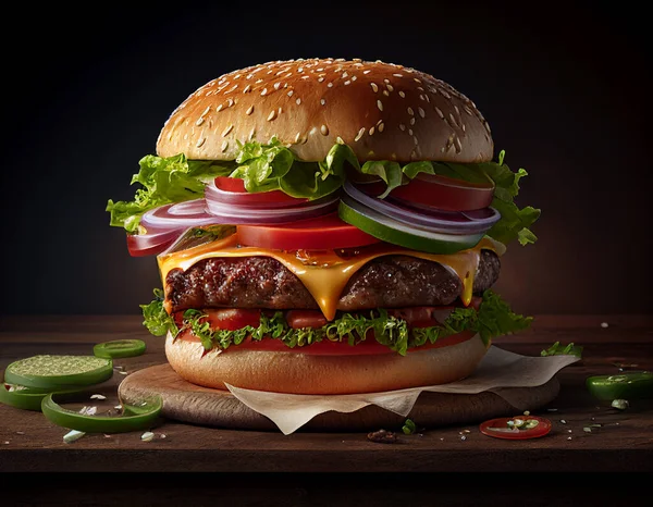 Cheeseburger Lettuce Tomato Melted Cheese Wooden Table Stockfoto