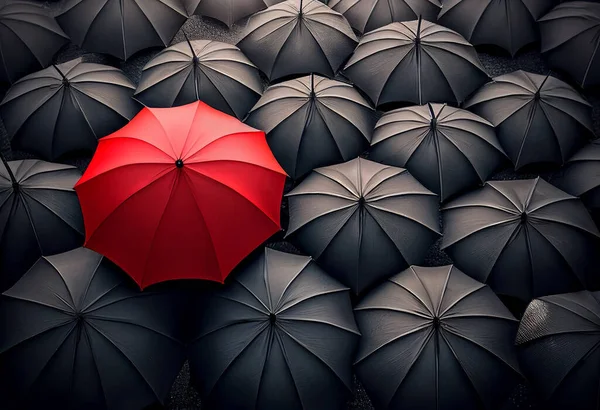 Classic Black Umbrellas Tops One Red Standing Out Stock Photo
