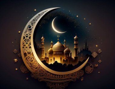 Ramazan Kareem ve Ramadane Mübarek. Parlak Hilal Ay 'ı oyulmuş camiyle 