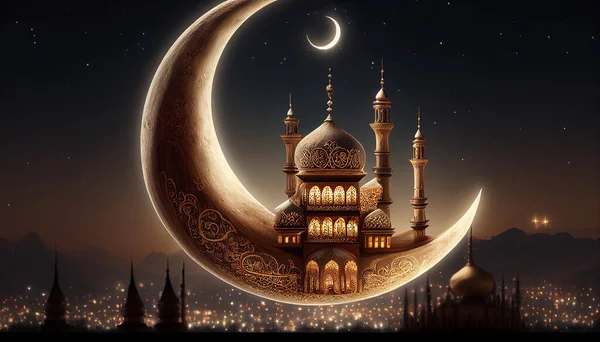 Ramadan Kareem Ramadane Mubarak Lua Crescente Requintada Brilhante Com Mesquita — Fotografia de Stock