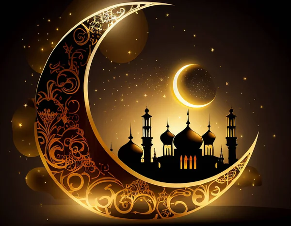 Ramadan Kareem Ramadane Mubarak Lua Crescente Requintada Brilhante Com Mesquita — Fotografia de Stock